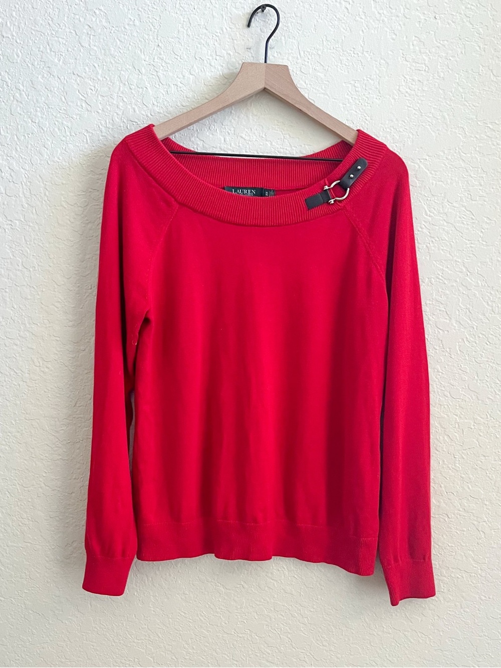 RALPH LAUREN Red Cotton Knit Pullover Sweater Boat Neck Leather Buckle Womens XL